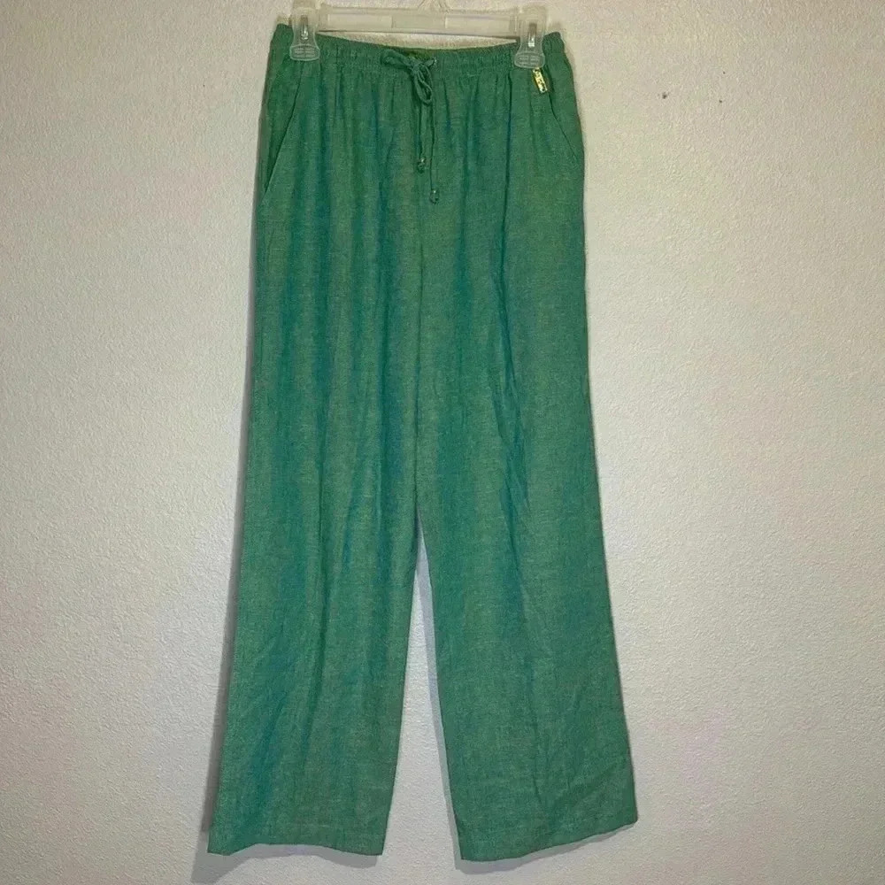 ST JOHN SPORT by Marie Grey Linen Straight Leg Pants Drawstring Waist Classic